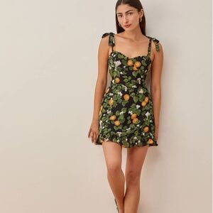 Reformation Black Mini Dress with Green Leaf and Orange Fruit Print